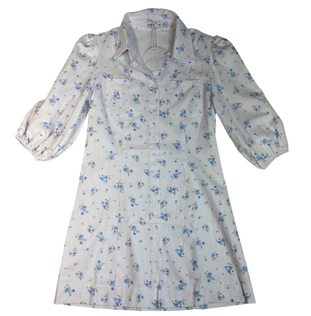 PETAL + PUP WHITE SHIRT DRESS CHARMING BLUE FLORAL PATTERN PUFF SLEEVES SIZE 6